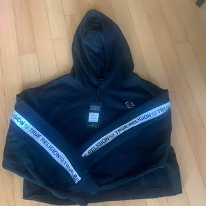 Black with white stripe True Religion boxy hoodie size large NWT